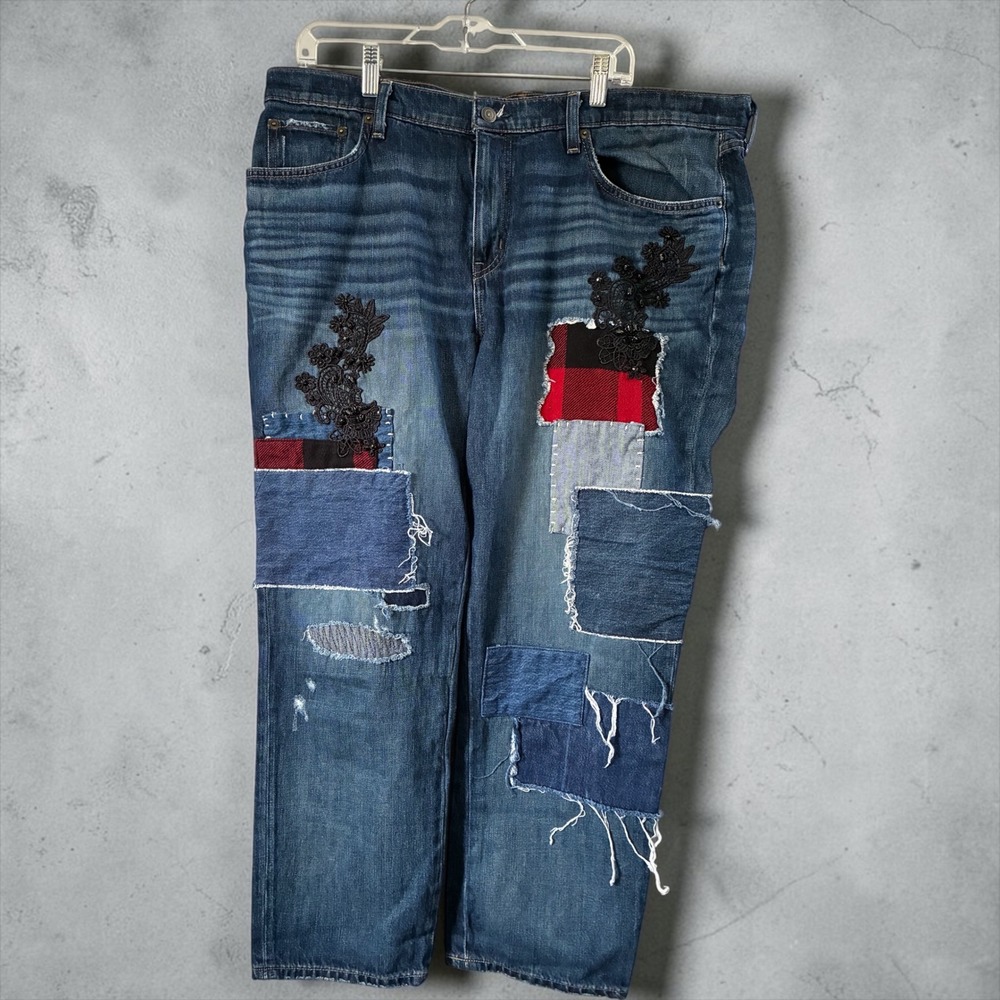 Lauren Ralph Lauren Patchwork Lace Plaid Straight Leg Jeans Blue 14W Plus Size - Picture 2 of 16